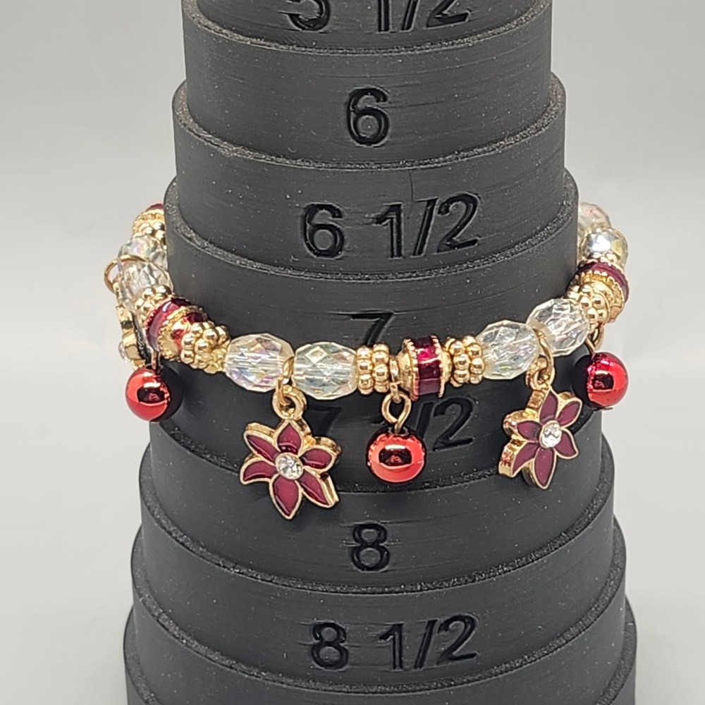 Red Enamel Flower Charm Bracelet Stretch Gold Tone Clear Beaded Dangle 7"